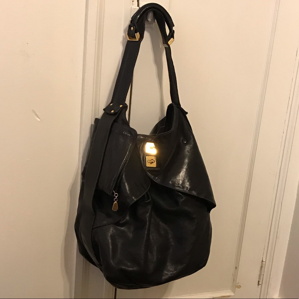Chloe Black Leather Shoulder Bag with Gold Accents